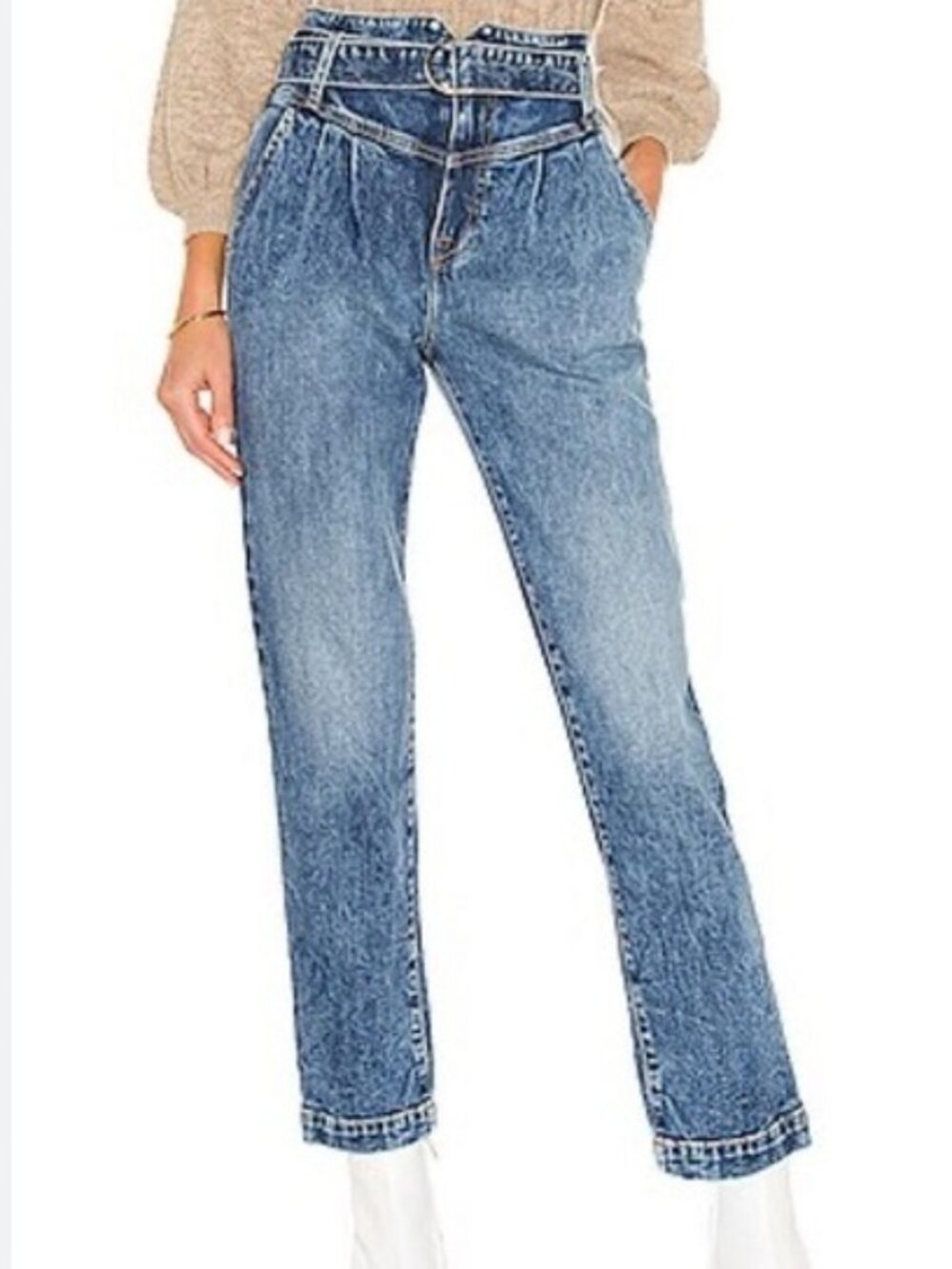 Jonathan Simkhai Standard Theo Pleated Belted High Waist Crop Jeans - Picture 1 of 9